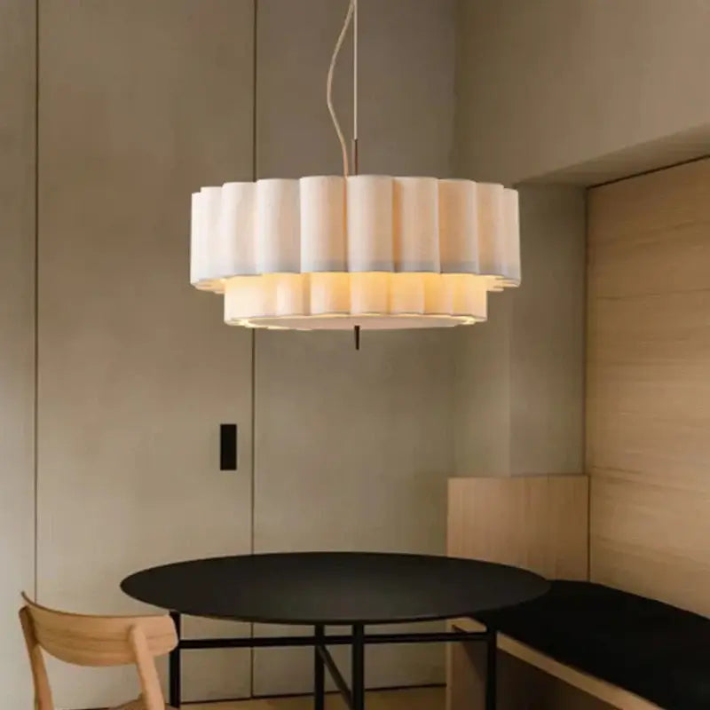 Wabi-Sabi Fabric Pendant Light – D45cm to D65cm with pleated shade in a modern dining room setting, adjustable suspension shown.