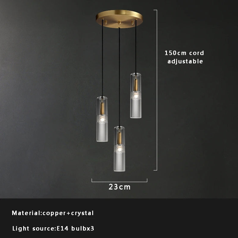 Modern pendant light with three cylindrical glass shades on a dark background, showing dimensions and material details.