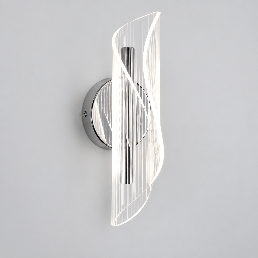 Chrome ribbon LED wall light, contemporary acrylic wall sconce, on a grey background