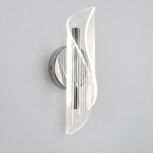 Chrome ribbon LED wall light, contemporary acrylic wall sconce, on a grey background