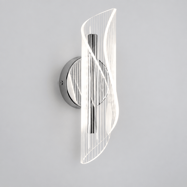 Chrome ribbon LED wall light, contemporary acrylic wall sconce, on a grey background