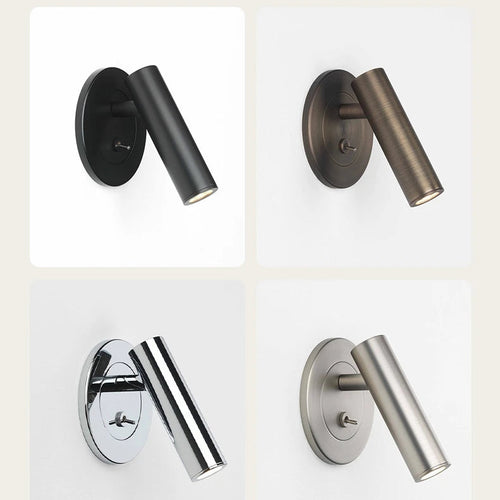 Four round lamps in different finishes on a light beige background