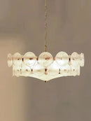 Luxurious Glass Disc Chandelier – 50s Chic featuring postmodern design with amber glass discs and adjustable chain.
