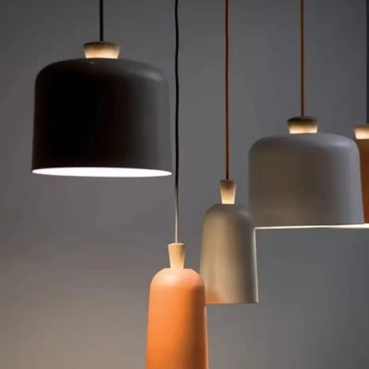 Colourful, modern, metal Danish Light Pendant in various colors including black, white, gray, and orange.