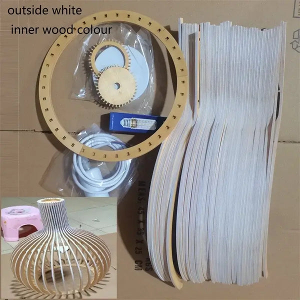 Nordic Retro Modern Wood Cage Pendant parts and assembly components.