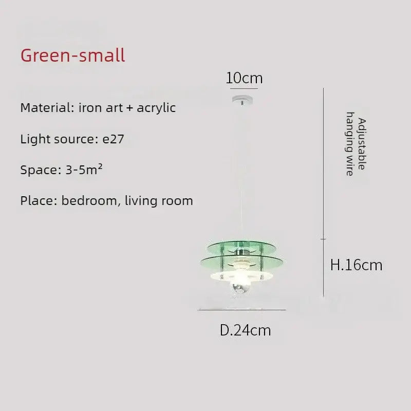 Space Age Acrylic Colorful Pendant Light with green acrylic disks and adjustable hanging wire.