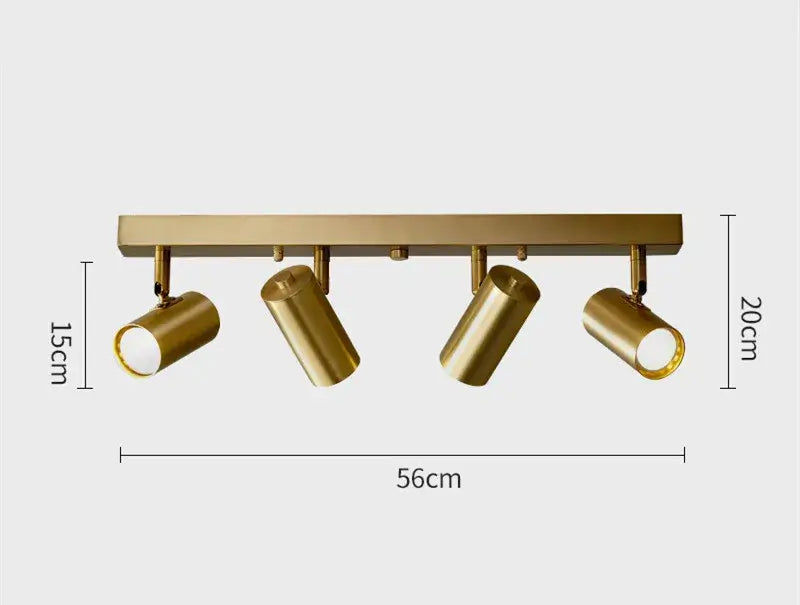 Gold Nordic Minimalist LED Spotlight Ceiling Light with four adjustable spots, dimensions 56cm x 15cm x 20cm.