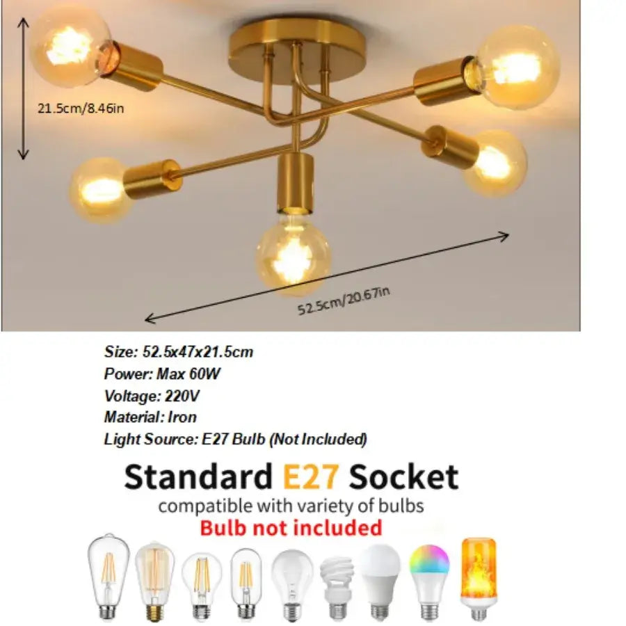 Gold 5-light sputnik ceiling light with dimensions and specifications