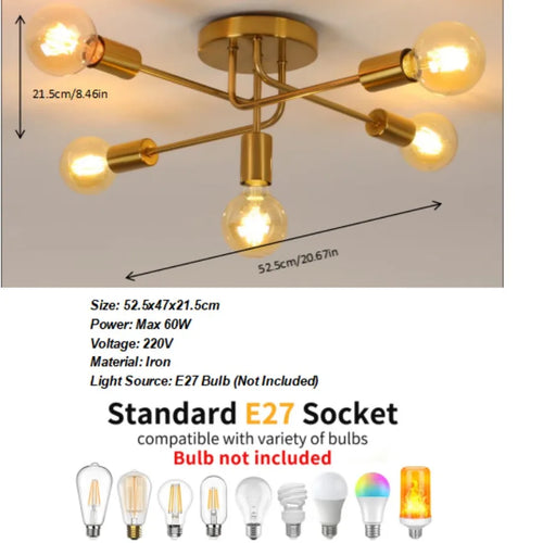 A modern Gold 5-Light Sputnik Ceiling Lightwith clear glass bulbs, shown with dimension arrows and text specifying size, power, voltage, and material. The image includes a white lower section with product specs and a row of bulb icons noting that the bulb is not included.