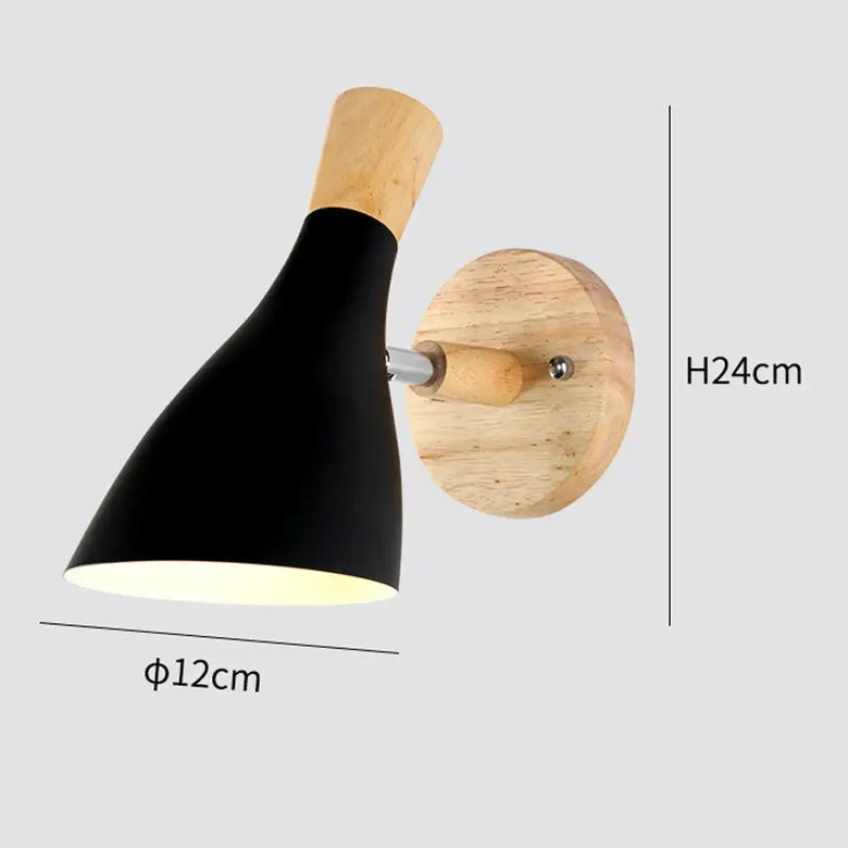 Collection of Modern Nordic Wooden Wall Lights - sleek black and wood wall lamp design with measurement details.