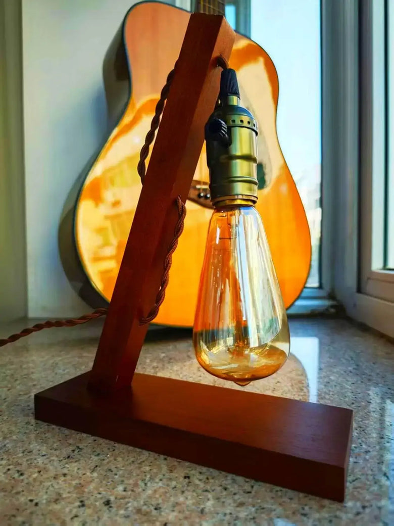 Wooden Edison Table Lamp – Rustic Industrial, Exposed Bulb