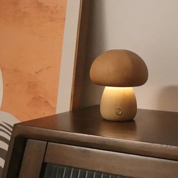 Portable Dimmable 60s Italy Designer Mushroom Table Lamp on a wooden surface with warm light.