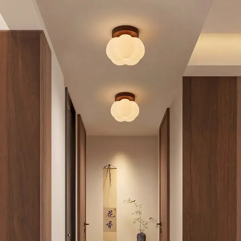 Modern Pumpkin Ceiling Light – Walnut Wood Flush Mount Fixture for Hallways, Bathrooms & Bedrooms