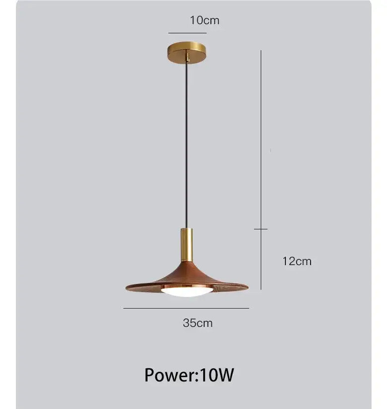 Walnut Mid Century Modern Chandelier dimensions and details showing elegant design and warm lighting.
