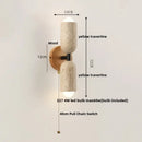 Modern Travertine and Wood Wall Light with Pull Chain – Nordic Style LED Fixture dimensions and features diagram.