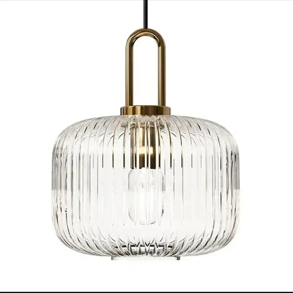 Pendant Light: Modern Nordic Glass Hanging Lighting Fixtures with striped glass and gold accents.