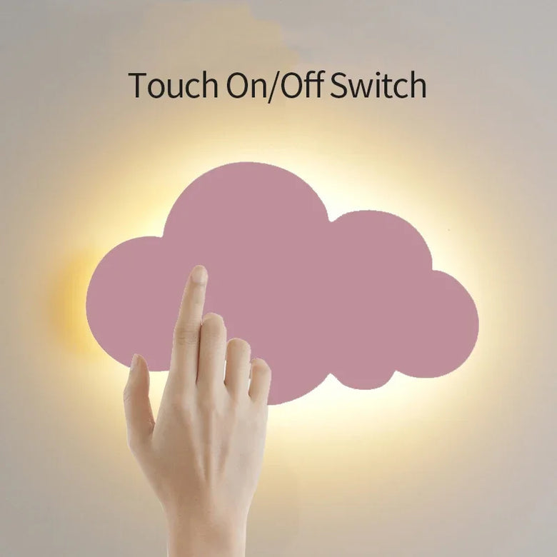 Pink cloud-shaped wall light with a hand touching it and text 'Touch On/Off Switch' on a beige background.