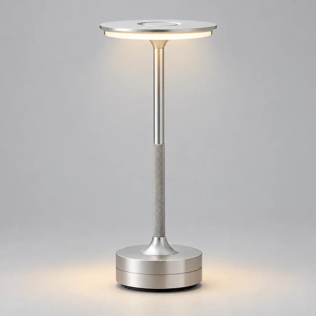 Silver Art Deco cordless disc table lamp on a wooden table
