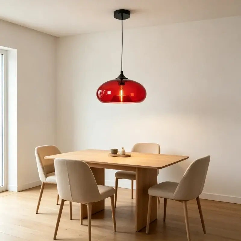 Red glass dome pendant light above a wooden dining table with chairs