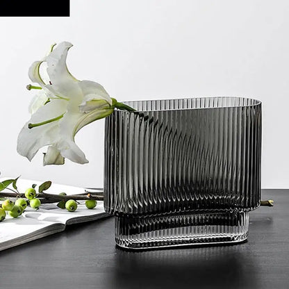 Contemporary Fluted Transparent Glass Flower Vase