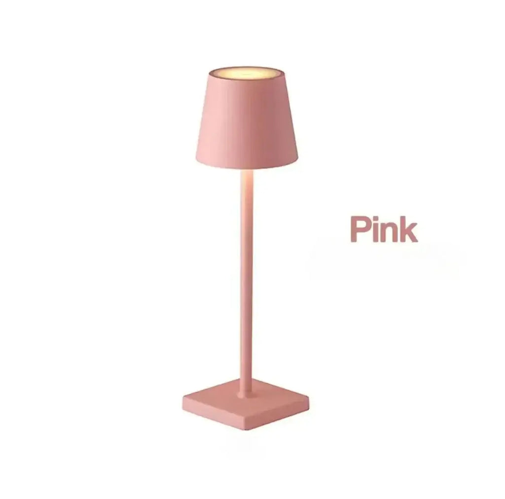 LED Rechargeable Modern Touch Desk Lamp in pink color displaying modern design and touch control features.