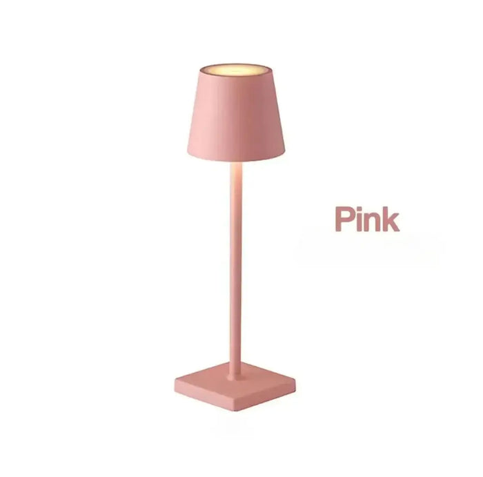 LED Rechargeable Modern Touch Desk Lamp in pink color displaying modern design and touch control features.
