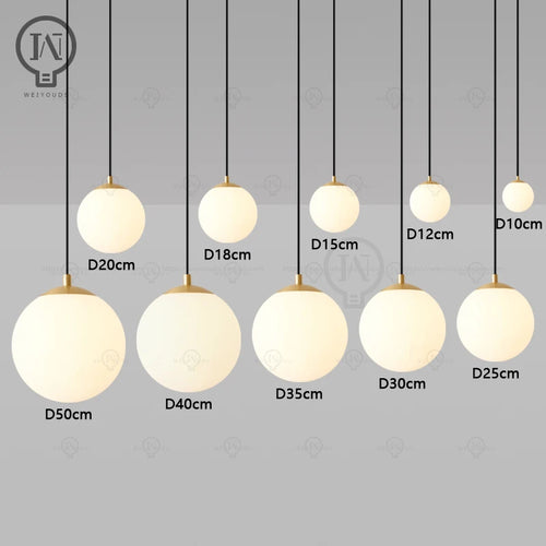 White Glass Globe Pendant Light with Brass or Black Detail
