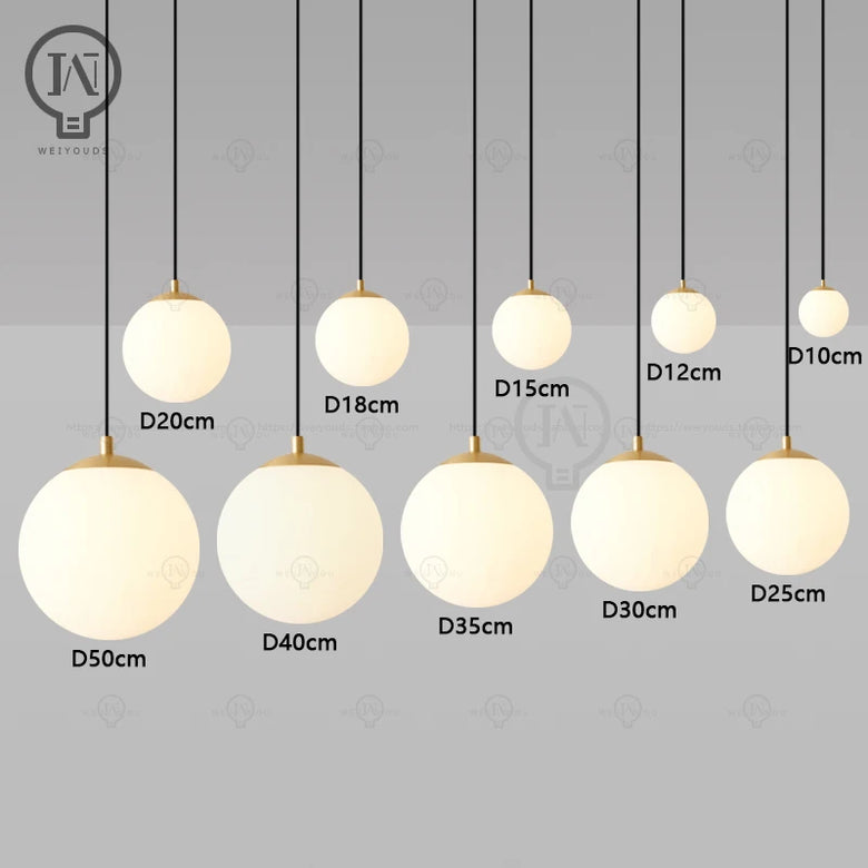 White Glass Globe Pendant Light with Brass or Black Detail