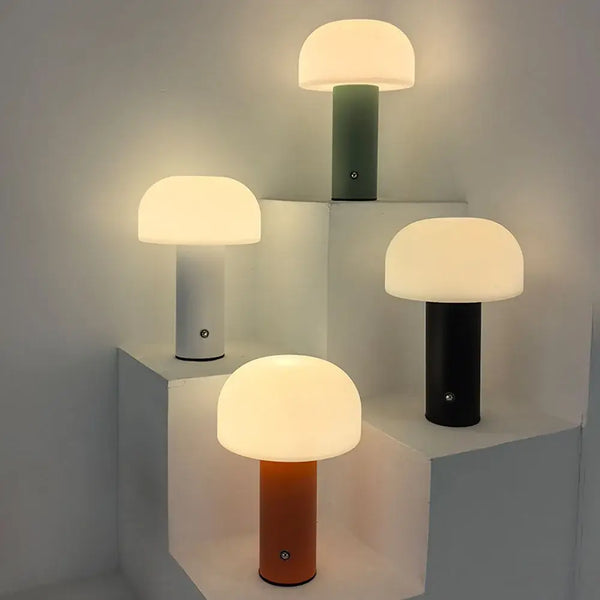 Rechargeable LED Mushroom Table Lamp – Touch Dimmable, Nordic Minimalist Design in various colors on display.