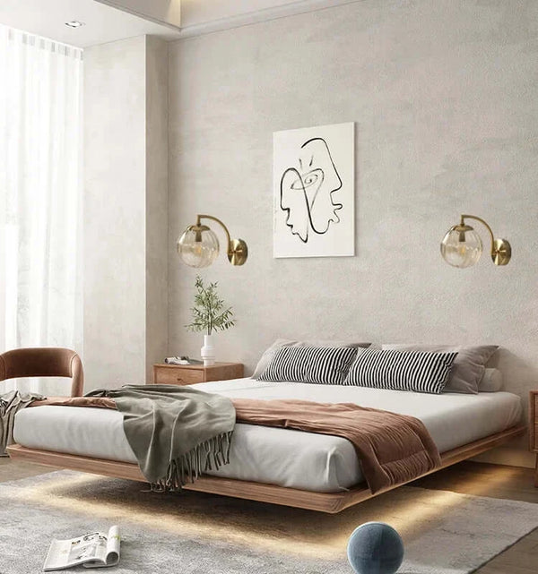 Colourful Glass Modern Wall Light enhancing a stylish bedroom with Nordic design and vibrant colors