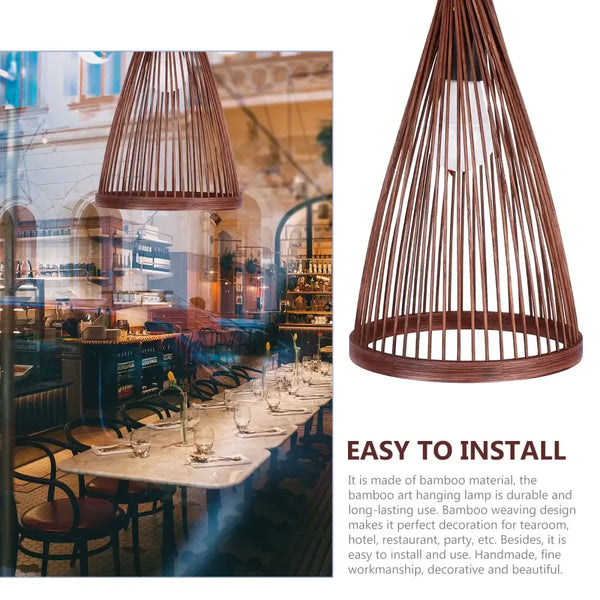 Simple Wicker lamp shade shown in a restaurant setting, highlighting its bamboo design and easy installation.