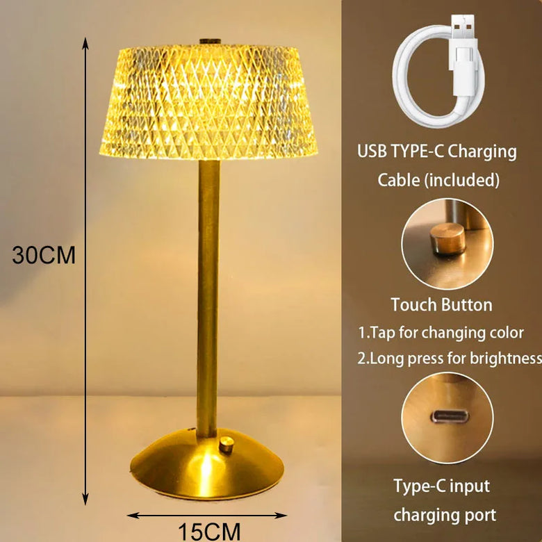 Art Deco Faceted Cordless Table Lamp – Rechargeable, Gold