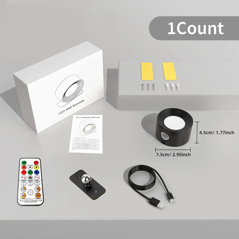 Rechargeable Bedside Wall Lamp with remote control, adhesive mounts, and LED wall light specifications.