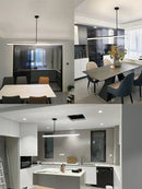 Retro 70s Neon Kitchen Island Pendant in Black or White illuminating modern kitchen and dining spaces.