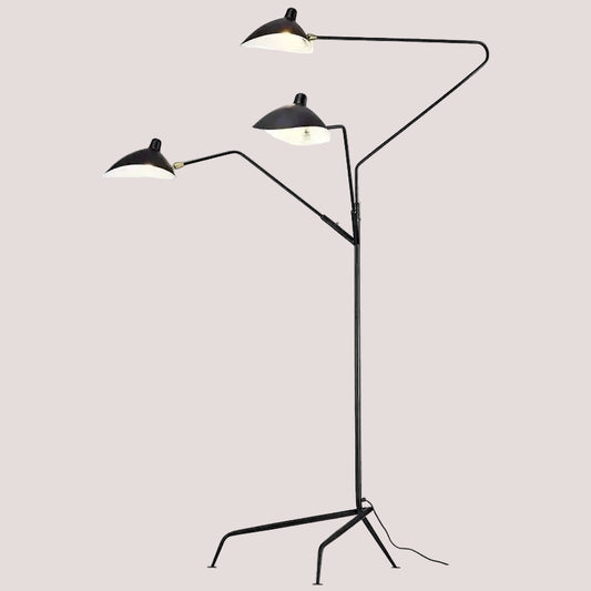 Nordic Designer Tripod Floor Lamp in black with adjustable arms and brass accents.