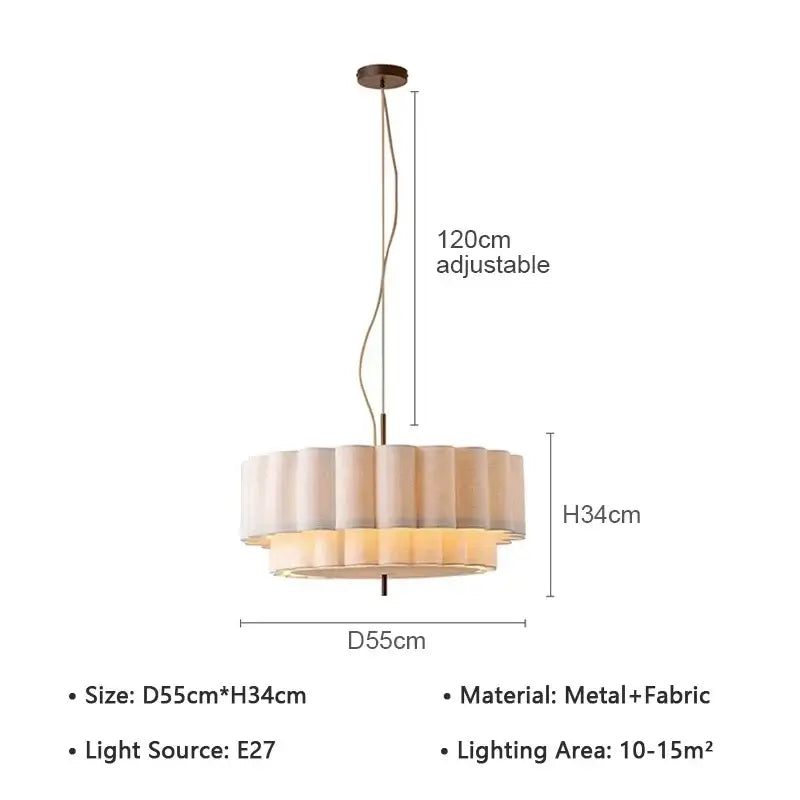 Wabi-Sabi Fabric Pendant Light – D45cm to D65cm with soft pleated fabric shade, adjustable suspension, and E27 LED compatibility.