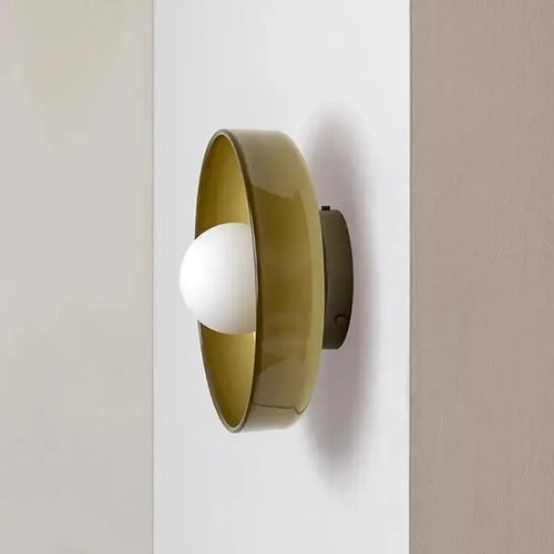 Retro Glass Disc Ceiling Light – Colourful Nordic Flush Mount Fixture for Hallways and Bedrooms in stylish olive green