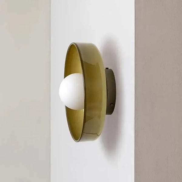 Retro Glass Disc Ceiling Light – Colourful Nordic Flush Mount Fixture for Hallways and Bedrooms in stylish olive green