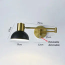Vintage Loft Bedside Reading Light Fixture shown in black and gold, featuring dimmable and rotatable functionality with precise measurements.