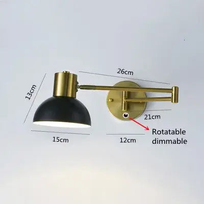 Vintage Loft Bedside Reading Light Fixture shown in black and gold, featuring dimmable and rotatable functionality with precise measurements.