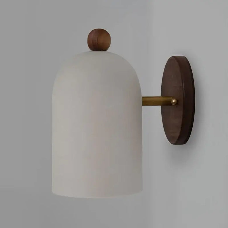 Walnut Wood and Iron Wall Lamp featuring a modern design with beige shade and round walnut accent.