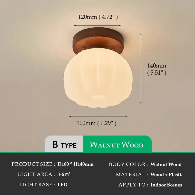 Modern Pumpkin Ceiling Light – Walnut Wood Flush Mount Fixture for Hallways, Bathrooms & Bedrooms