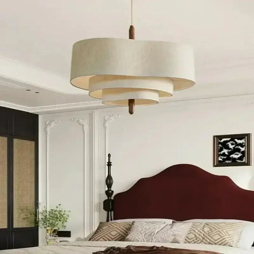 Elegant Linen Fabric Chandelier in a modern bedroom, featuring soft lighting and stylish design.