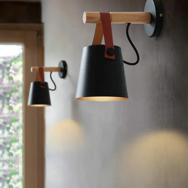 Collection of Modern Nordic Wooden Wall Lights featuring black metal and oak design for a warm atmosphere.