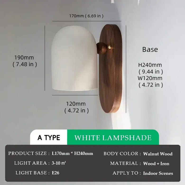 Elegant Walnut Wood and Iron Wall Lamp with white lampshade and modern design dimensions.