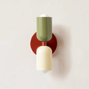 Classic Midcentury Modern Wall Lamp (10x25cm) with green and cream shades on a red base.