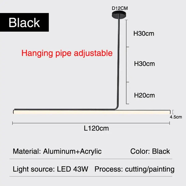 Retro 70s Neon Kitchen Island Pendant in Black or White specifications, black finish, adjustable hanging pipe, LED light source.