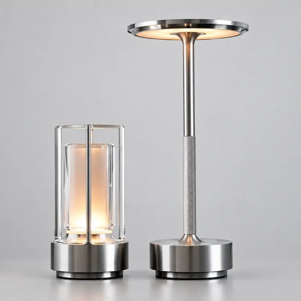 Modern minimalist cordless table lamps, a disc lamp and a lantern lamp, rechargeable
