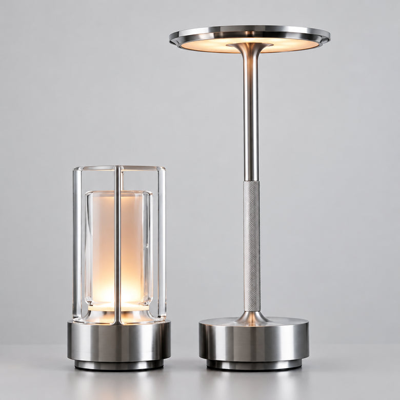 Hero-  2 Modern cordless lamps with glass cover and metal base.