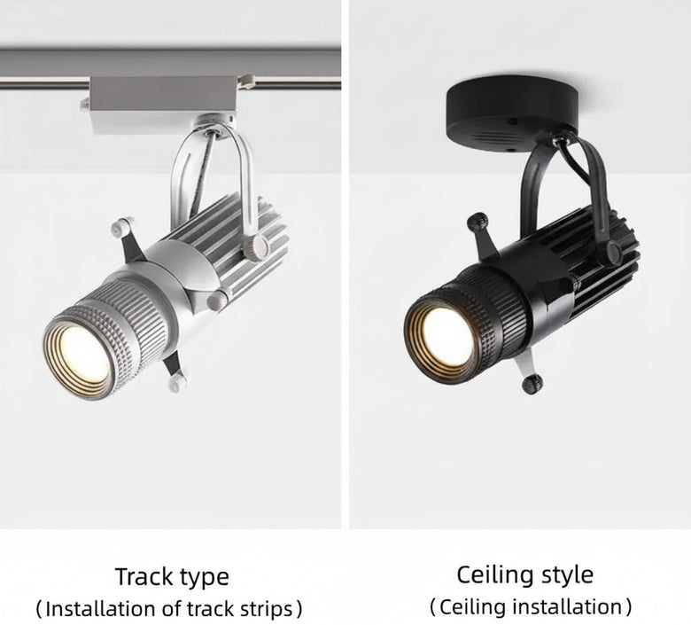 Hero Two views of a modern track-style LED ceiling light fixture shown on a light gray background, with text labels indicating track type and ceiling style. The left view shows the light mounted on a silver track strip, and the right view shows the ceiling mount installed.